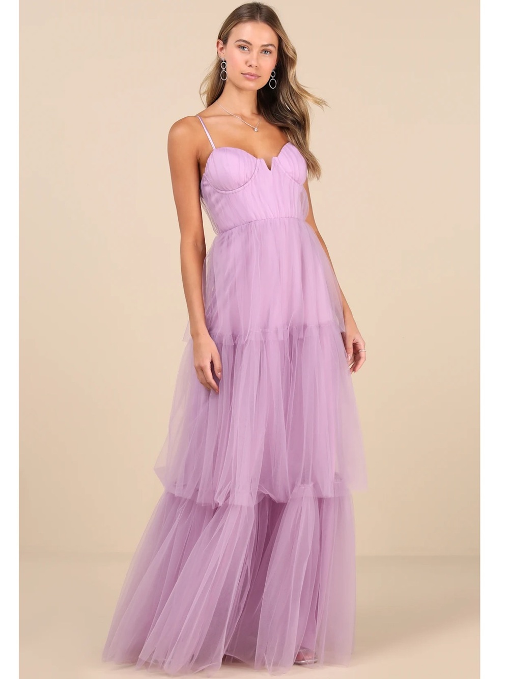 Lulus Unforgettable Poise Lilac Tulle Bustier Tiered Maxi Dress Prom Formal